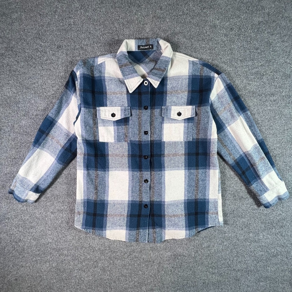 Automet Button-Up Shirt Women's M Blue Polyester Flannel Plaid Casual Streetwear